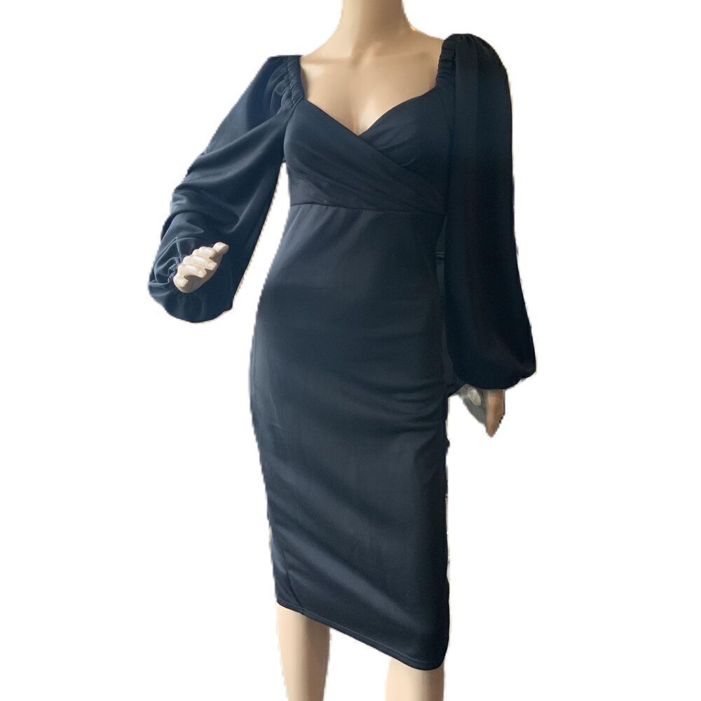 Elegia Black V-Neck Long Sleeve‎ Baddie Coquette Aesthetic Cocktail Dress Size M